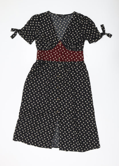 Brave Soul Women's Black Floral V-Neck Midi Dress XS