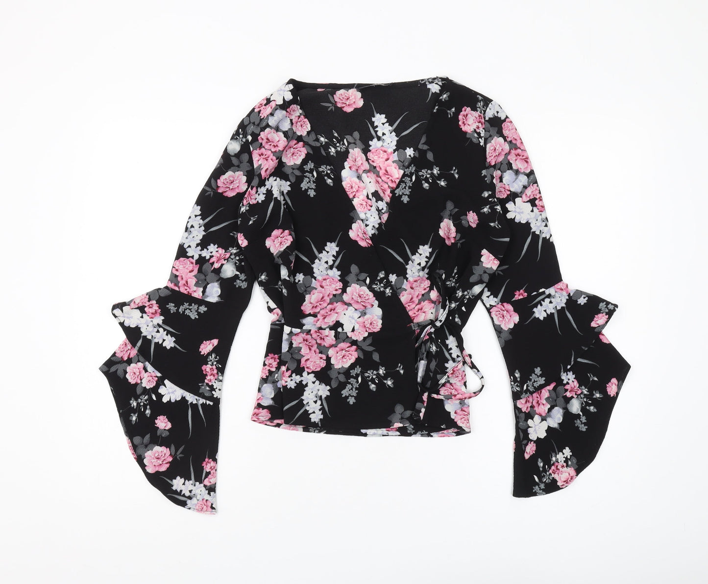 Quiz Women's Black Floral Wrap Blouse Size 6