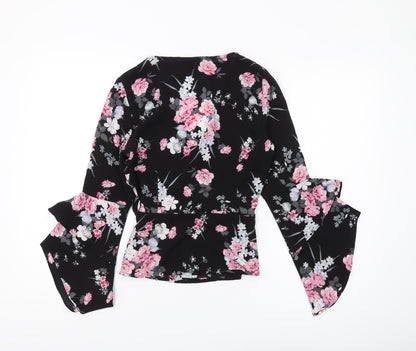 Quiz Women's Black Floral Wrap Blouse Size 6