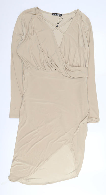 Boohoo Women's Beige Wrap Dress Size 16