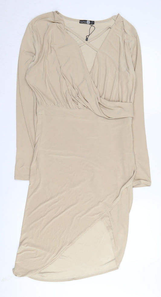 Boohoo Women's Beige Wrap Dress Size 16