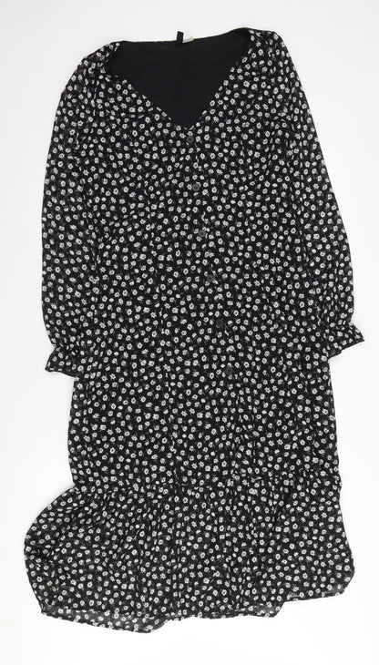 H&M Women's Black Floral Midi A-Line Dress Size 10