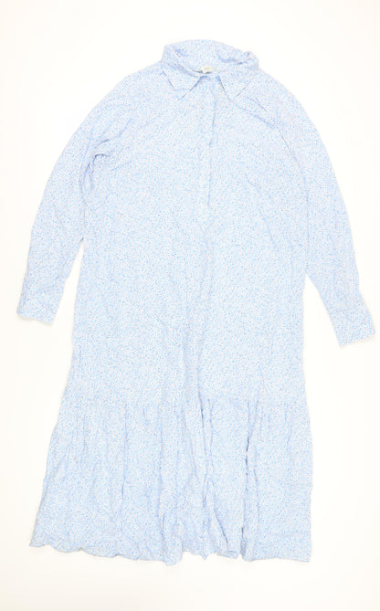 H&M Women's Blue Floral Midi Shirt Dress, M