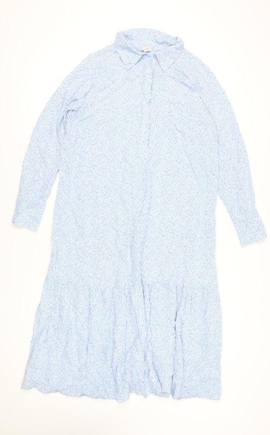 H&M Women's Blue Floral Midi Shirt Dress, M