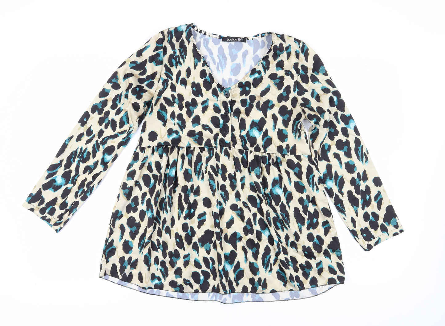 Boohoo Women’s Beige Animal Print Tunic Blouse Size 10