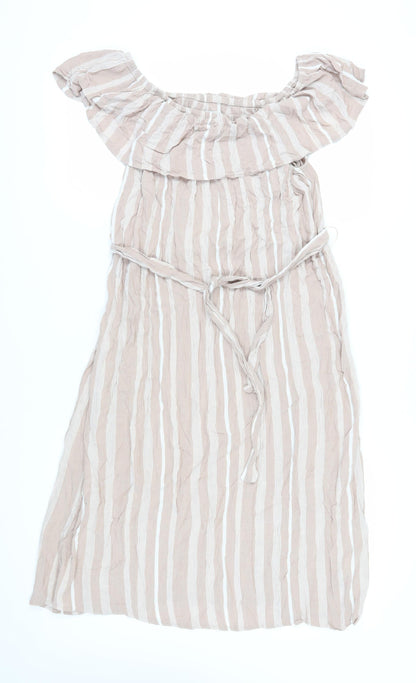 ICHI Women's Beige Striped Off Shoulder Midi Dress L