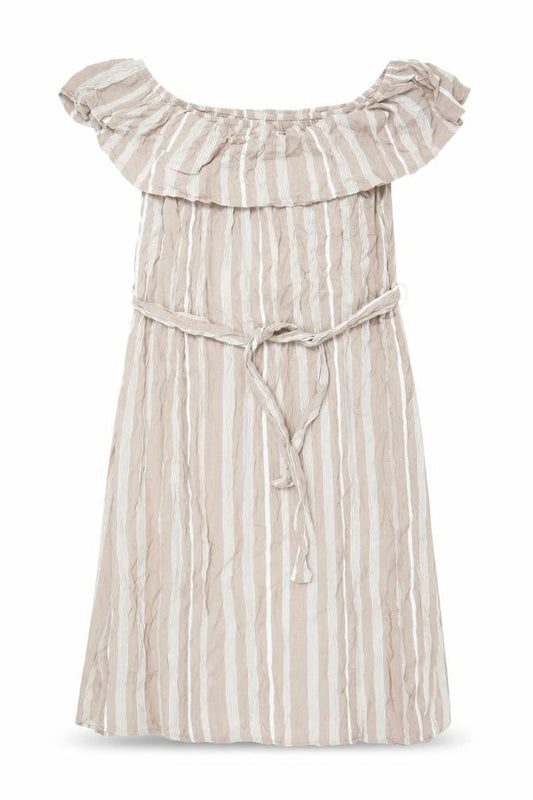 Front view of ICHI Women's Beige Striped Off Shoulder Midi Dress L