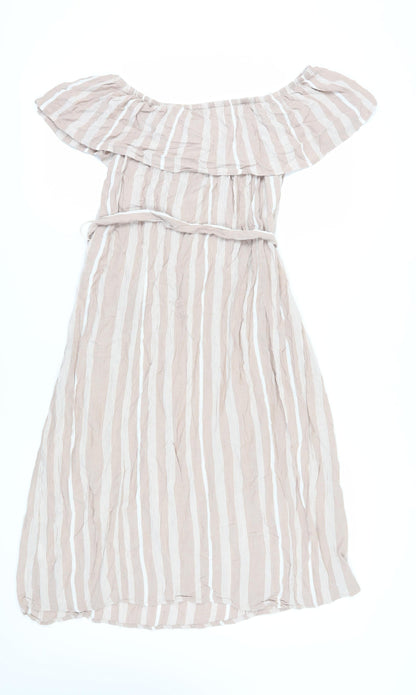 ICHI Women's Beige Striped Off Shoulder Midi Dress L