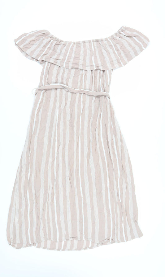 ICHI Women's Beige Striped Off Shoulder Midi Dress L