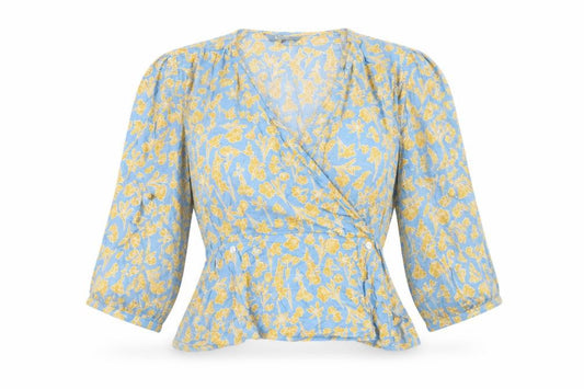Van Heusen Womens Blue Floral Wrap Blouse Size S