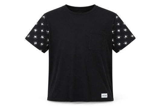 Front view of A Question Of unisex black graphic t-shirt, medium