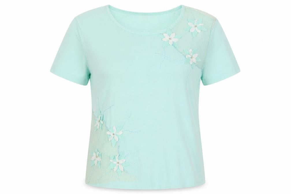 Front view of Roman Originals women’s blue t-shirt, m, floral embroidery