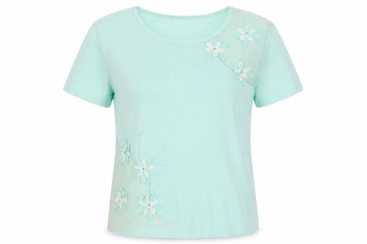 Front view of Roman Originals women’s blue t-shirt, m, floral embroidery