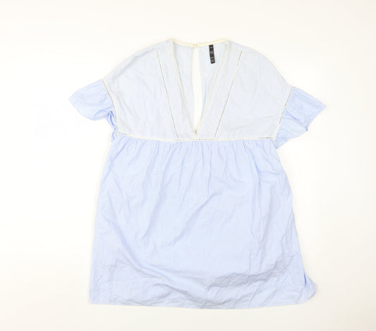 Zara Women's Blue Striped V-Neck Flutter Sleeve Dress M