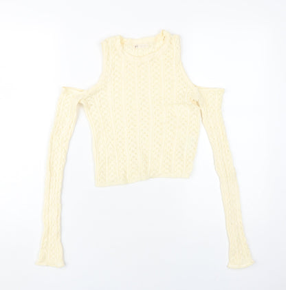 STR Women's Beige Cropped Cold Shoulder Knit Top