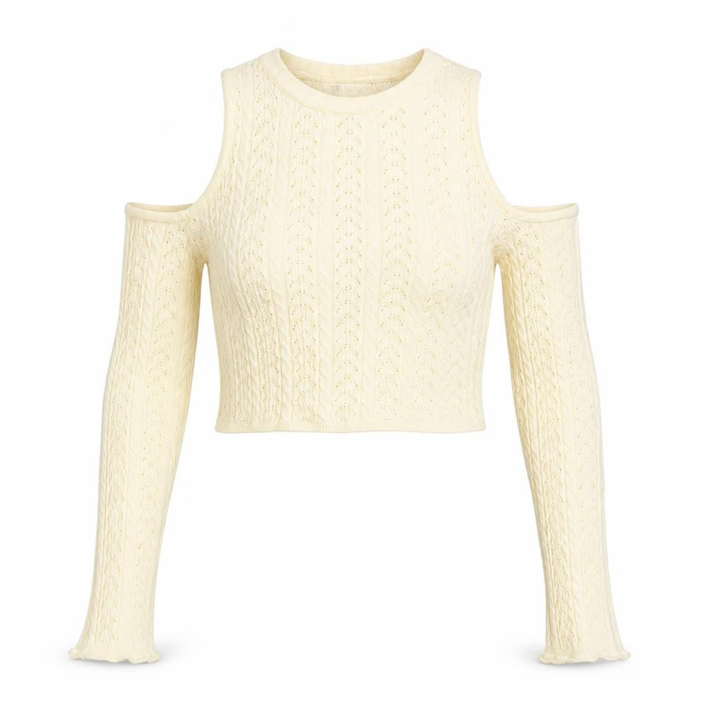 STR Women's Beige Cropped Cold Shoulder Knit Top