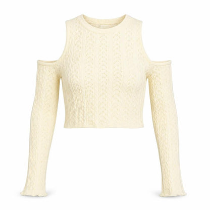 STR Women's Beige Cropped Cold Shoulder Knit Top