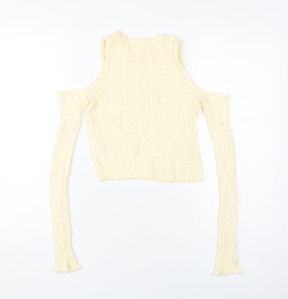 STR Women's Beige Cropped Cold Shoulder Knit Top