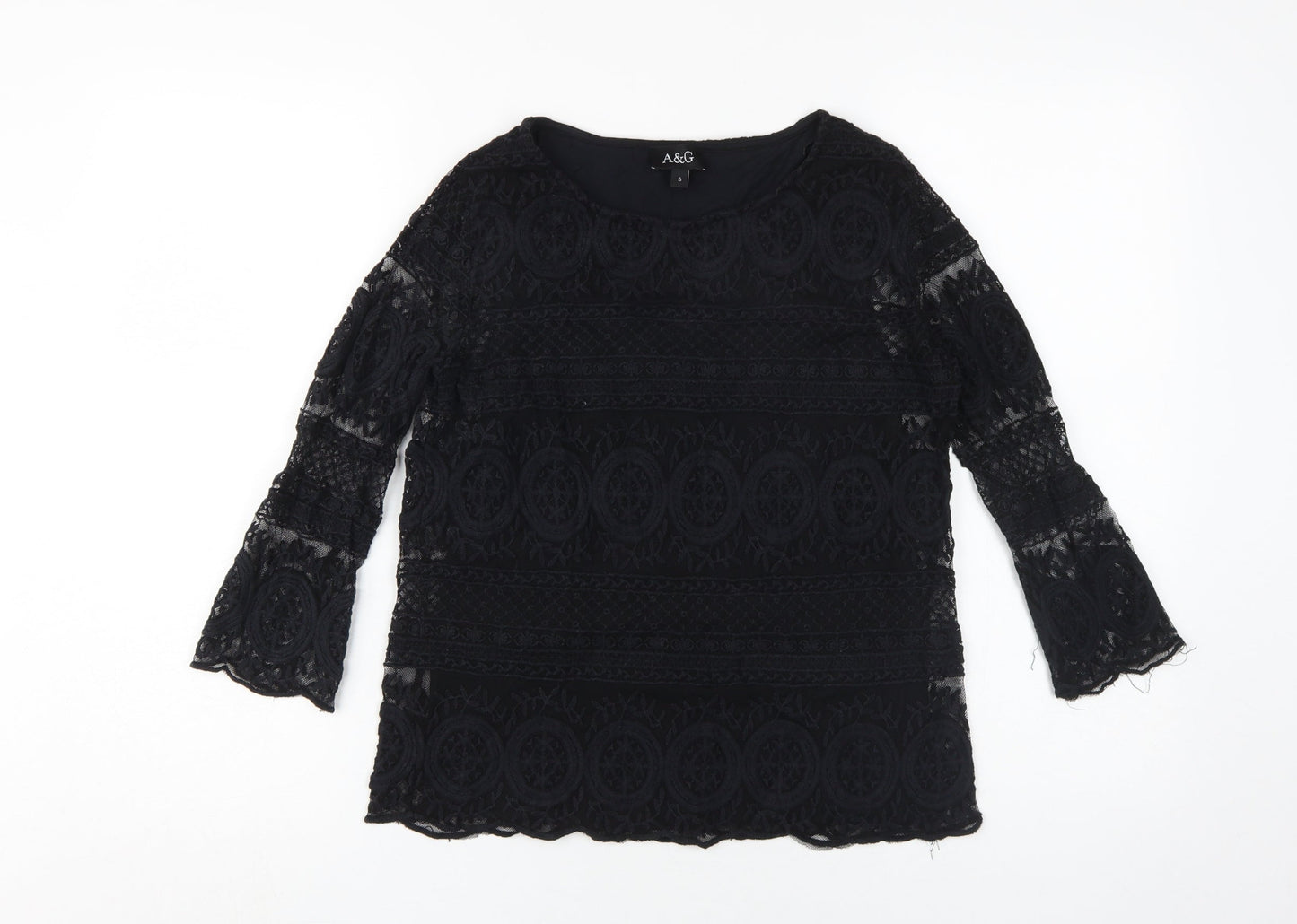 A&G Women's Black Lace Blouse S Classic Bell Sleeve