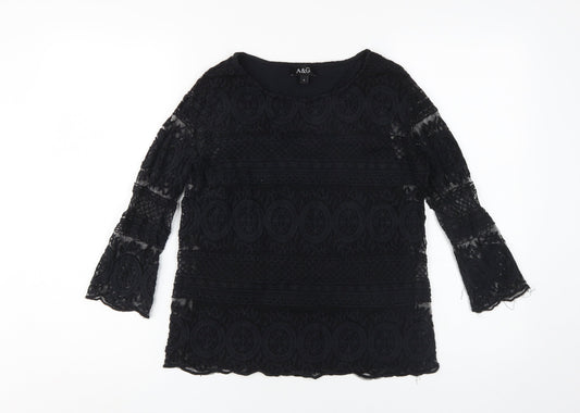 A&G Women's Black Lace Blouse S Classic Bell Sleeve