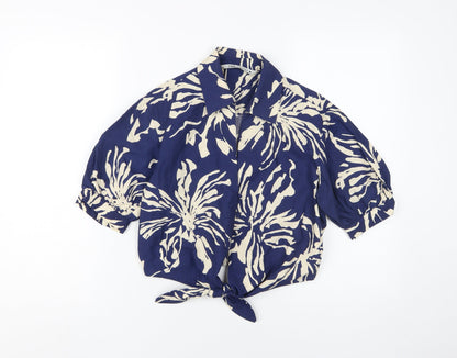 Zara Women's Blue Beige Floral Cropped Blouse XS