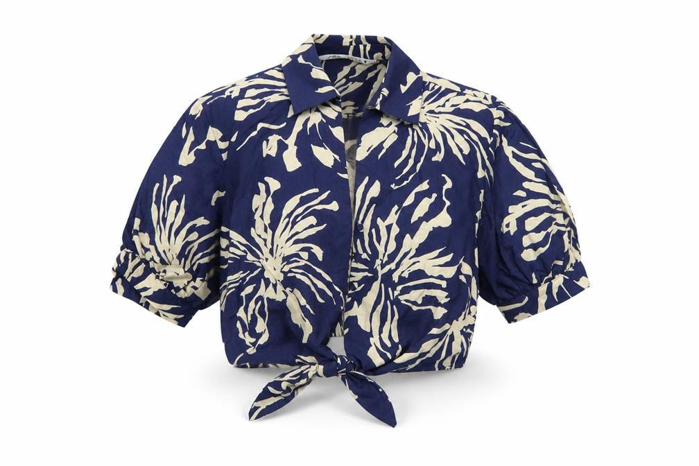 Zara Women's Blue Beige Floral Cropped Blouse XS