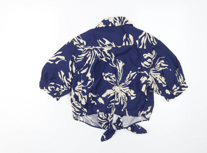 Zara Women's Blue Beige Floral Cropped Blouse XS