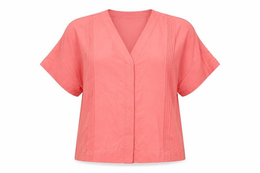 Front view of Jaeger Women's Pink V-Neck Short Sleeve Blouse -, size 8