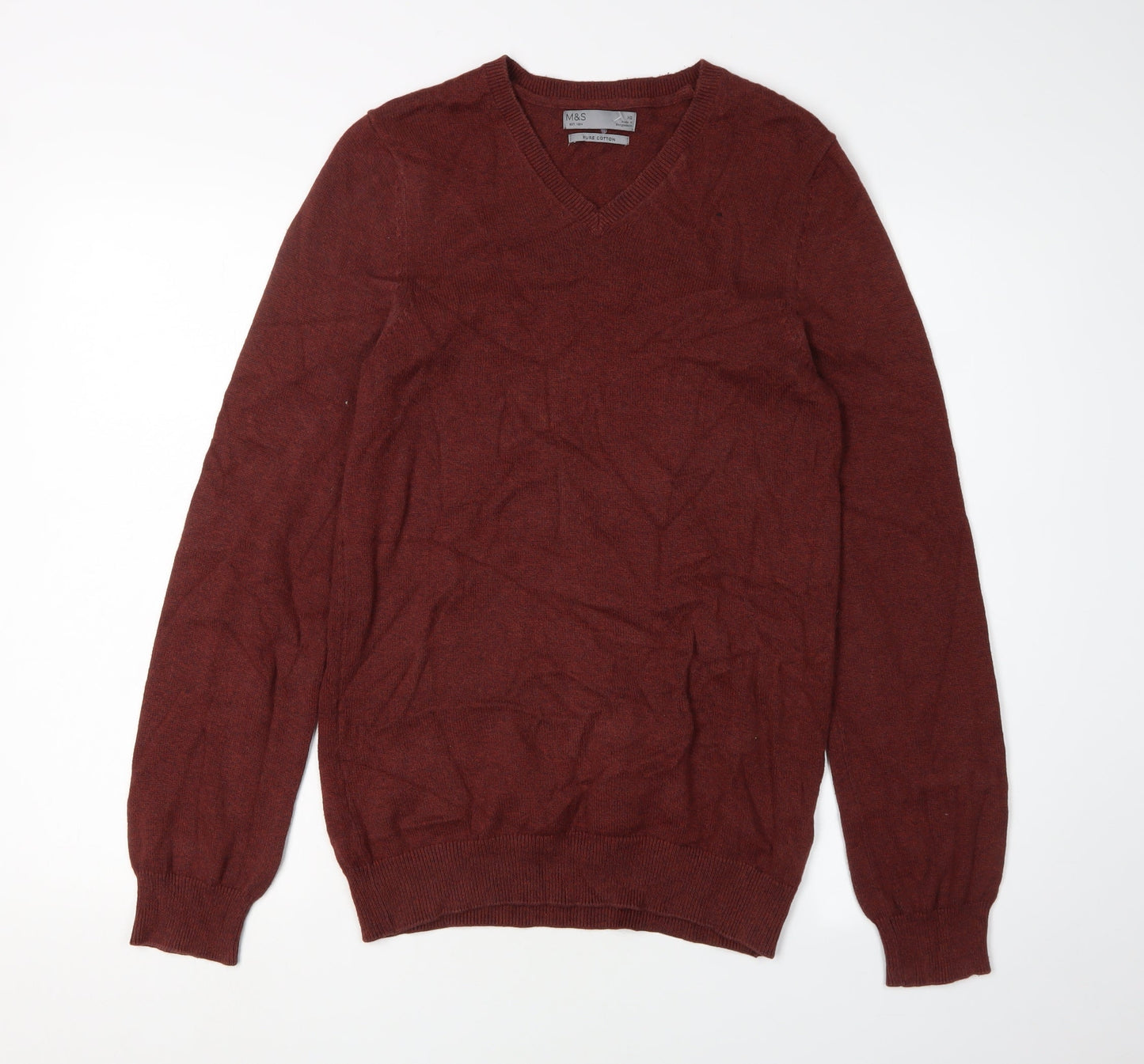 Marks and Spencer Men's Brown XS V-Neck Cotton Jumper