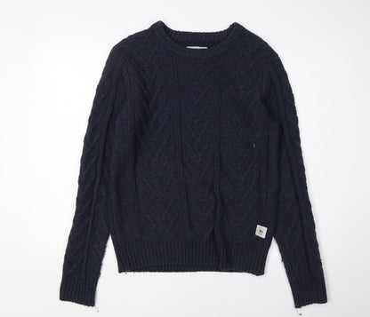 Bellfield Men's Blue Medium Cable-Knit Pullover Jumper