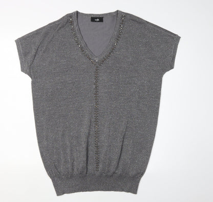 Wallis Women's Grey Beaded V-Neck Pullover Jumper M