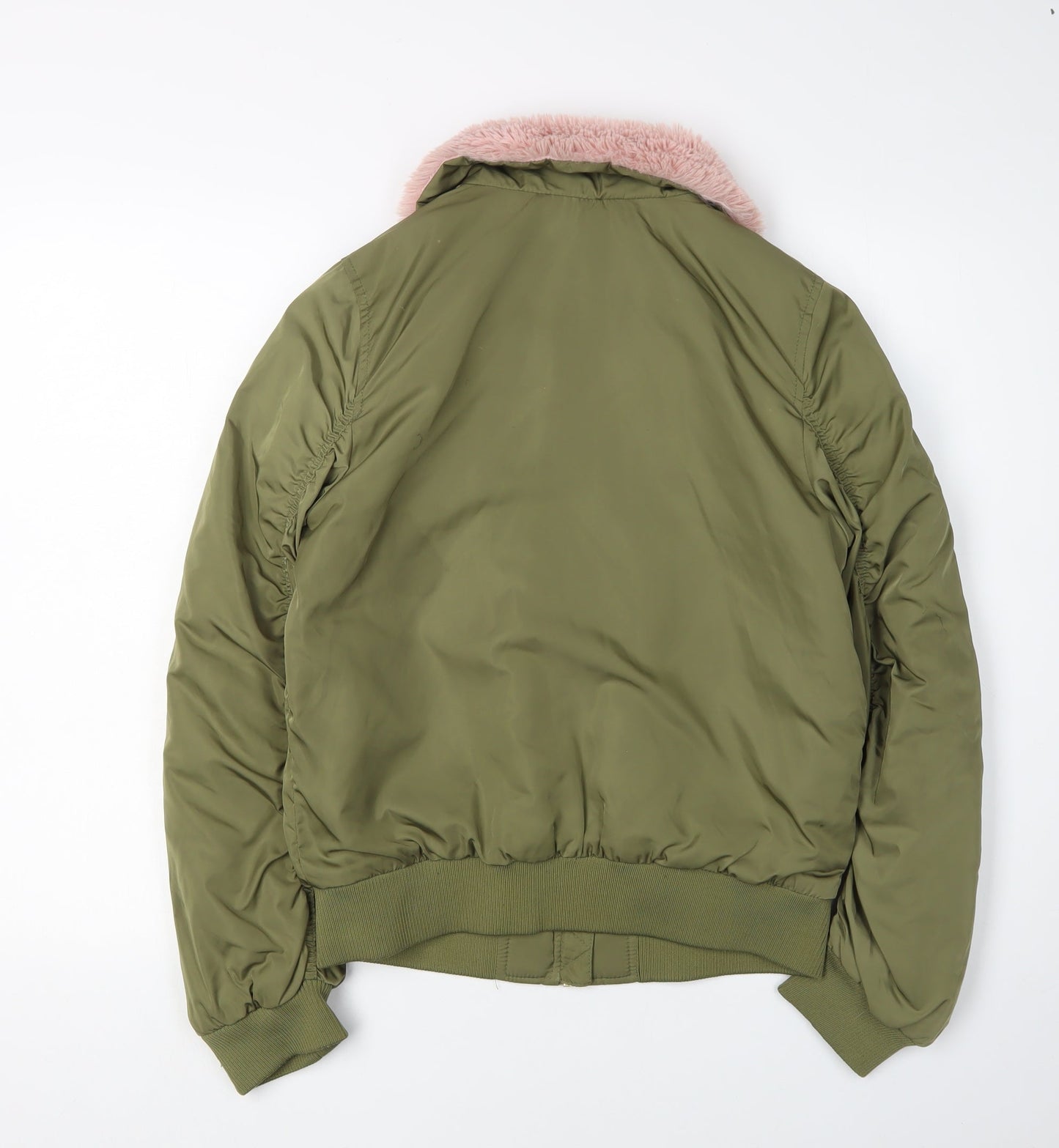 H&M Girls Green Bomber Jacket 13-14Y with Fur Trim