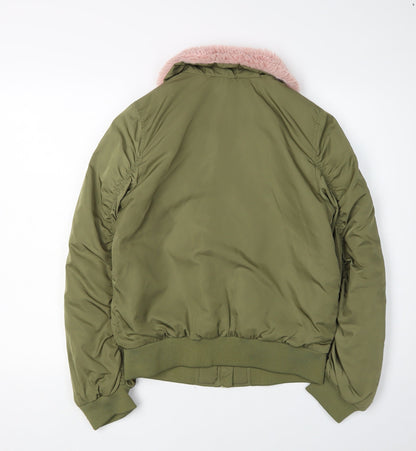 H&M Girls Green Bomber Jacket 13-14Y with Fur Trim