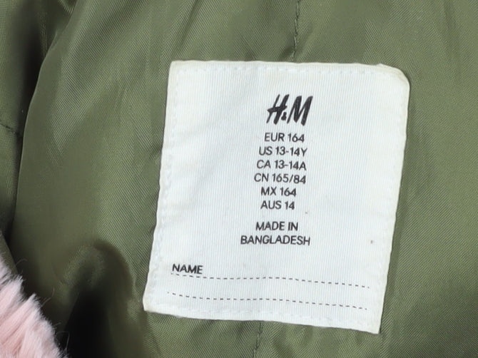 H&M Girls Green Bomber Jacket 13-14Y with Fur Trim