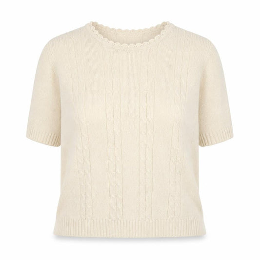 Front view of Honor Millburn Women's Ivory Cable-Knit Pullover M