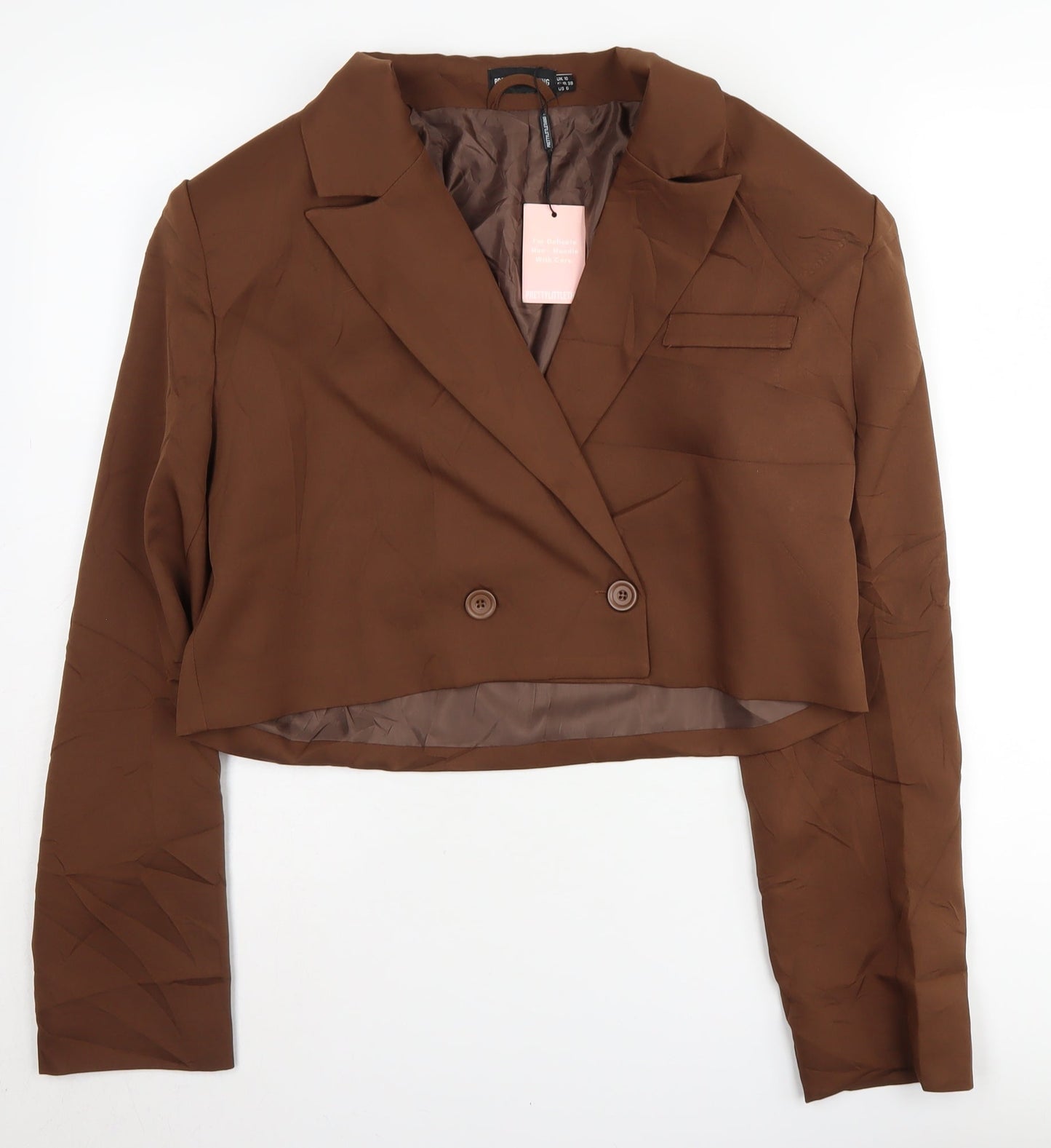 PrettyLittleThing Women's Brown Blazer UK 10 Cropped Double Breasted