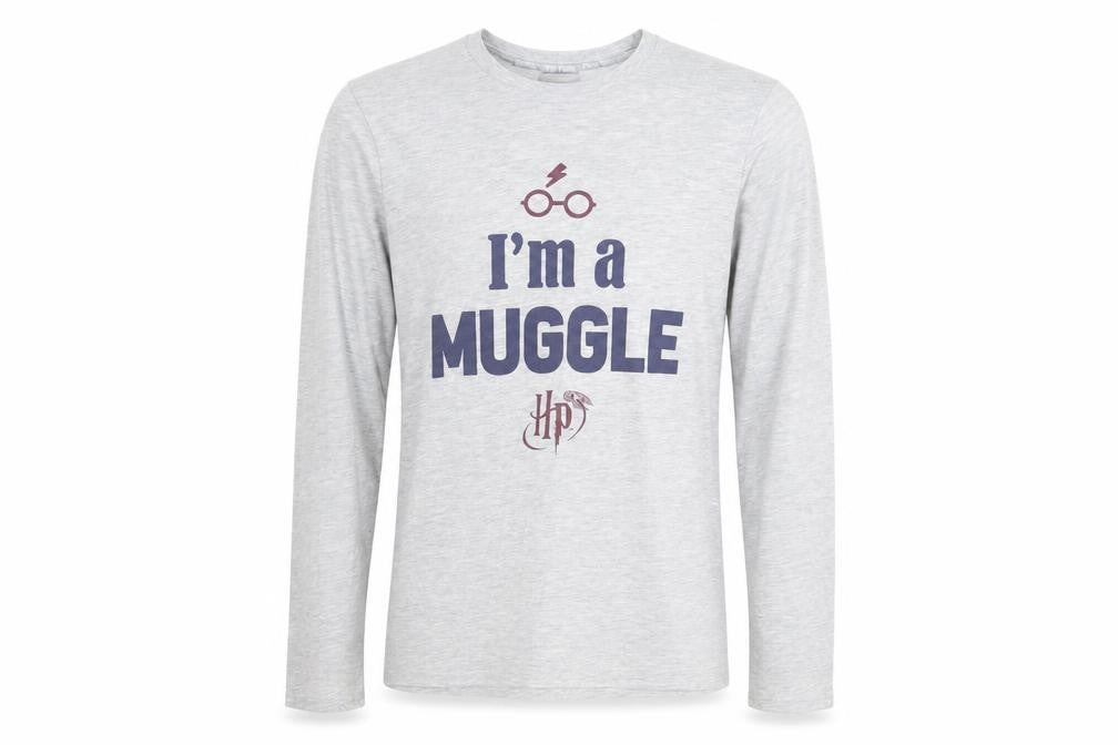 Front view of Harry Potter unisex grey t-shirt, size S, long sleeve