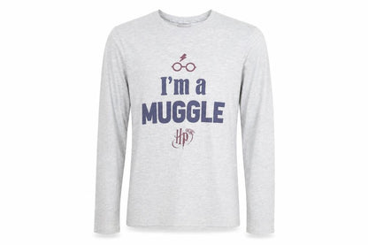 Front view of Harry Potter unisex grey t-shirt, size S, long sleeve