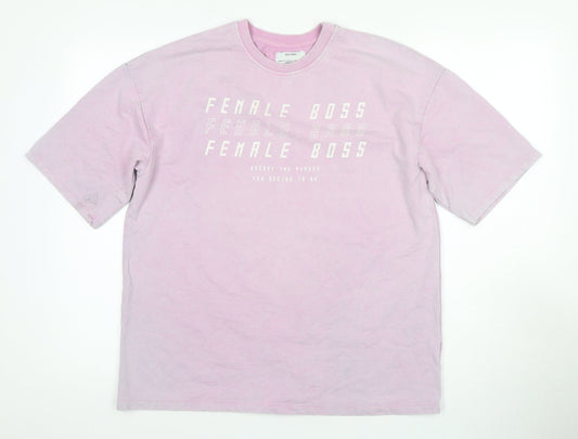 Bershka Women's Pink Crew Neck T-Shirt