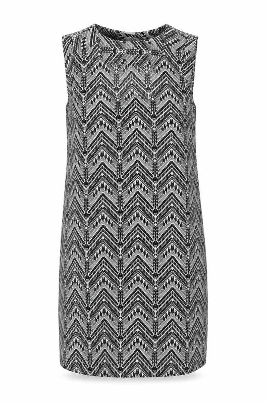 Front view of JACQUELINE DE YONG Women's Black Geometric Shift Dress L