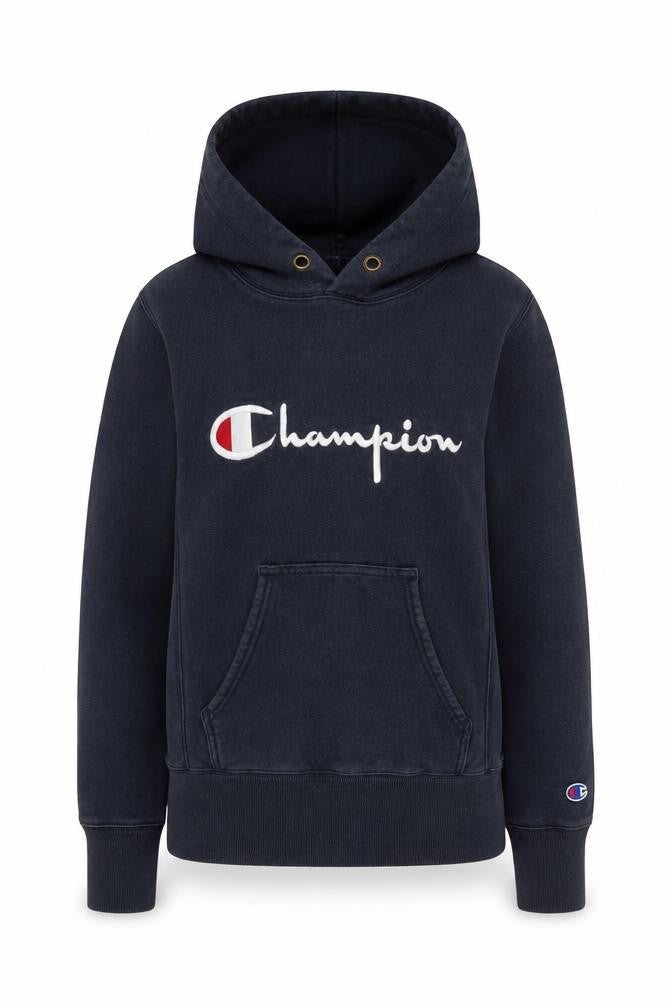 Front view of Champion unisex black pullover hoodie xs