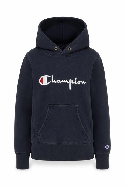 Front view of Champion unisex black pullover hoodie xs