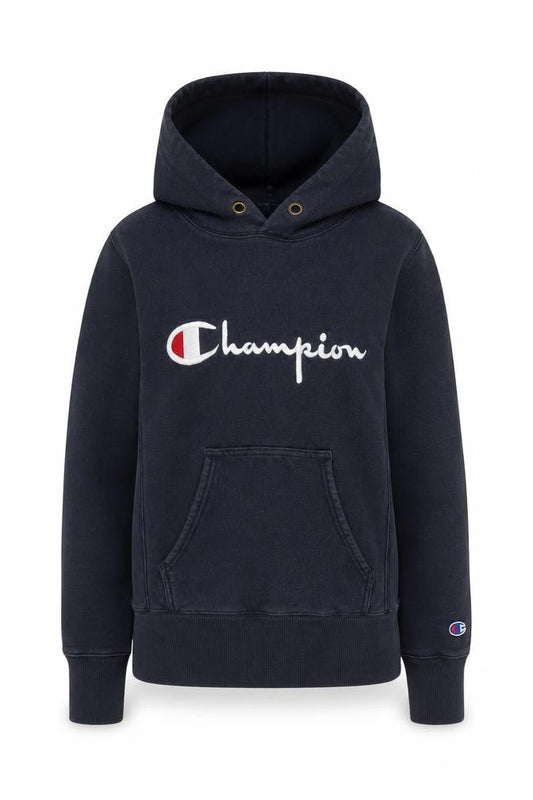 Front view of Champion unisex black pullover hoodie xs