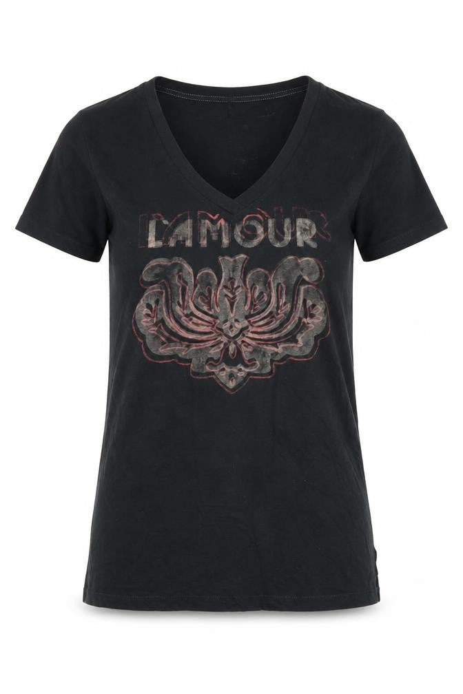 Front view of Quiksilver Black V-Neck T-Shirt, size S, unisex casual
