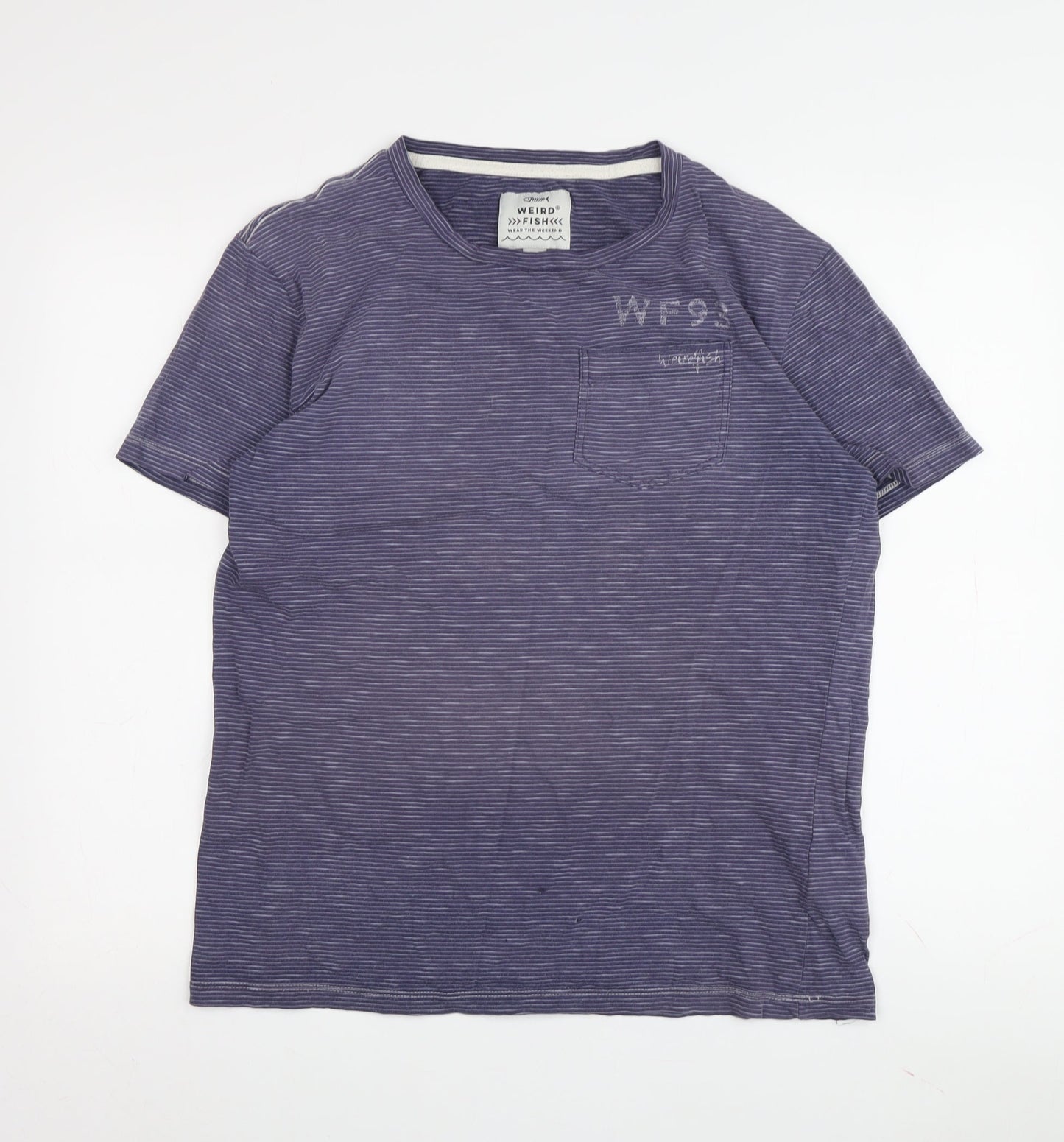 Weird Fish Men's Medium Blue Striped Cotton T-Shirt