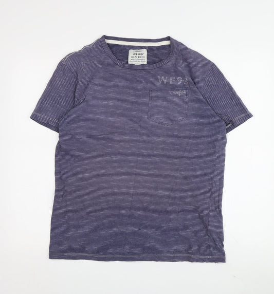 Weird Fish Men's Medium Blue Striped Cotton T-Shirt