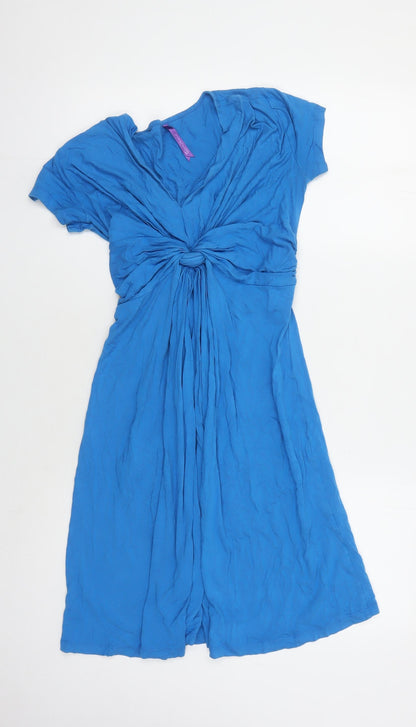 Women's Blue Wrap Dress - Midi, Short Sleeve, M