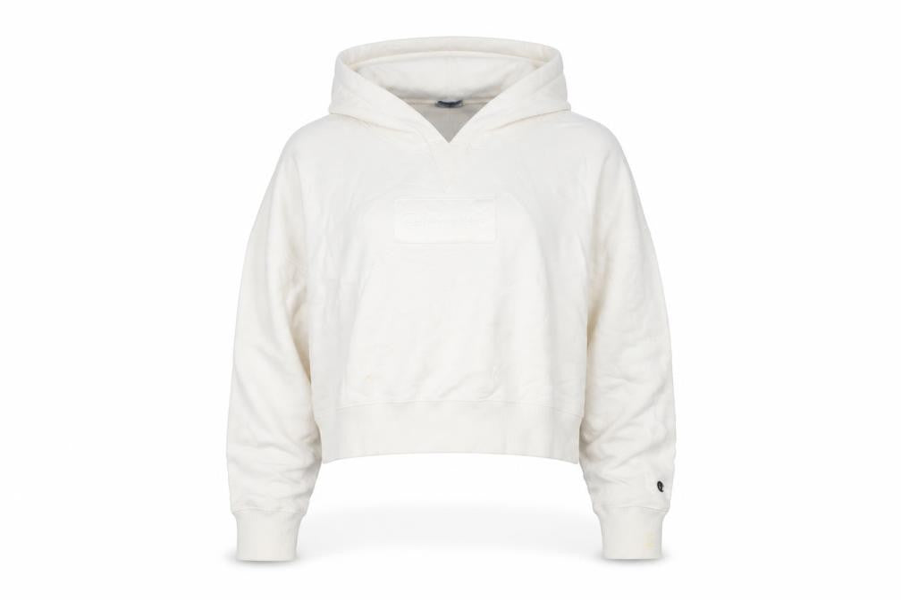 Front view of Champion unisex white pullover hoodie medium