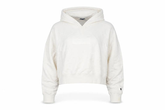 Front view of Champion unisex white pullover hoodie medium