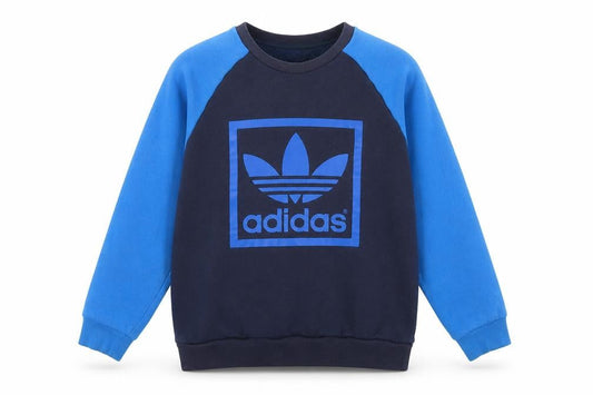 Front view of Adidas boys’ blue sweatshirt 13-14y pullover logo